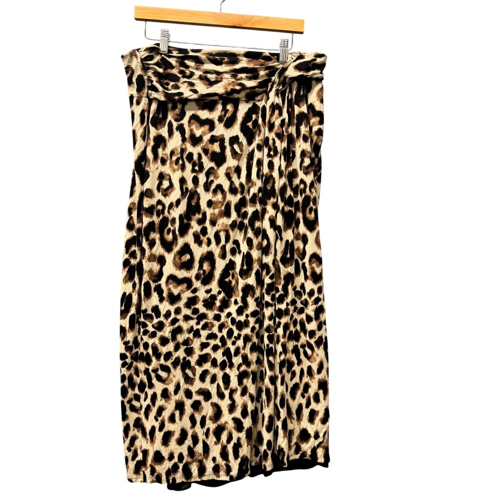 Chico's Skirt Womens Large Leopard Print Brown Lined Stretch Midi Rayon Pull On